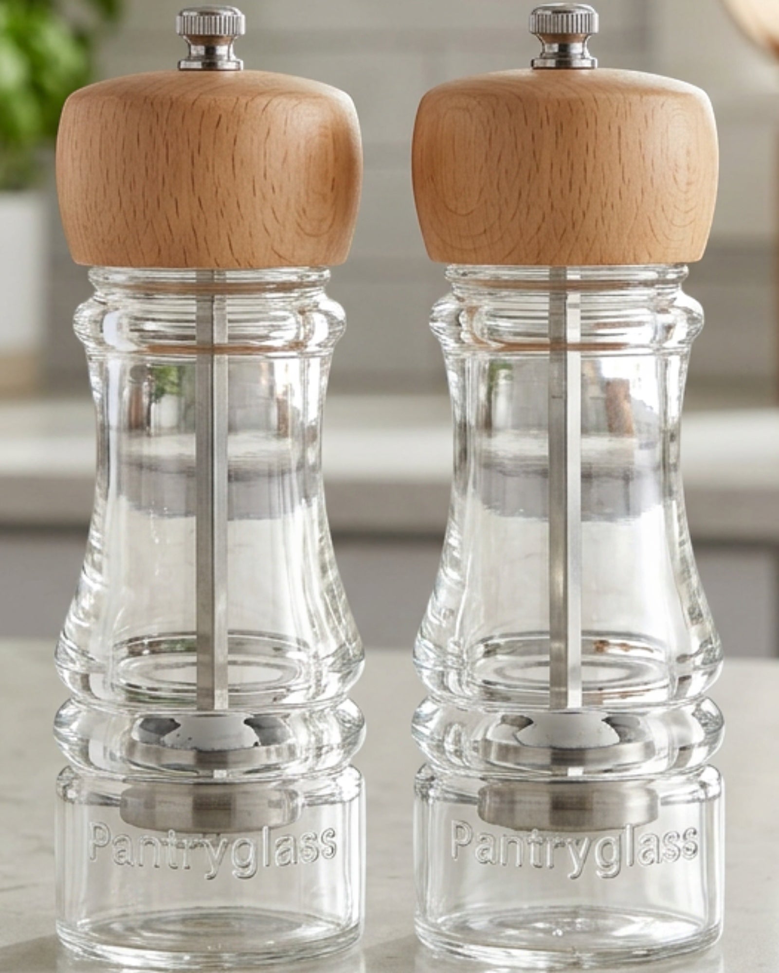 Daypact Pantryglass Manual Salt Pepper Grinder Set 6.2 in Clear Beech Pair - Lifestyle view